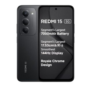 Redmi 15 5G Midnight Black 6GB + 128GB | Segment's Largest 7000mAhA Battery | Segment's Largest Display 17.53cm(6.9) Up to 144Hz | Snapdragon 6s Gen 3 | 18W Reverse Charging | 50MP AI Dual Camera